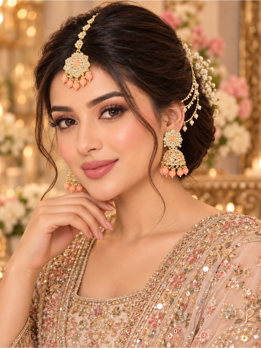 Gold and Peach Traditional Jhumka Earrings Set